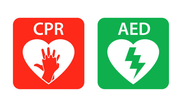 CPR and AED icon set A CPR and AED icon set featuring life-saving symbols, including defibrillators and cardiopulmonary resuscitation graphics, ideal for healthcare, emergency, and medical services. These clipart images are isolated on a background, offering clear representations of first aid, rescue, support, and heart assistance. cpr stock illustrations