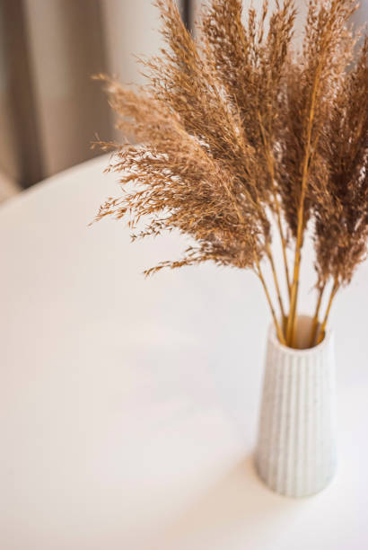 istock Dried floral arrangement in a simple vase on a modern white table 2198756060