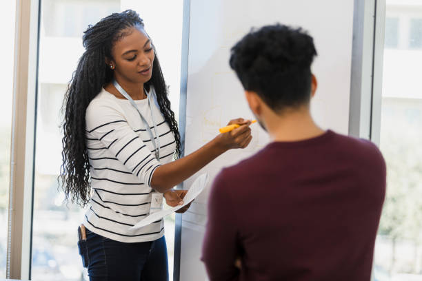 istock African American woman explaining ideas on whiteboard to colleague 2198758852