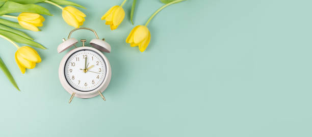 istock Alarm clock with yellow tulip flowers, switch to daylight saving time in spring, summer time changeover 2198761660
