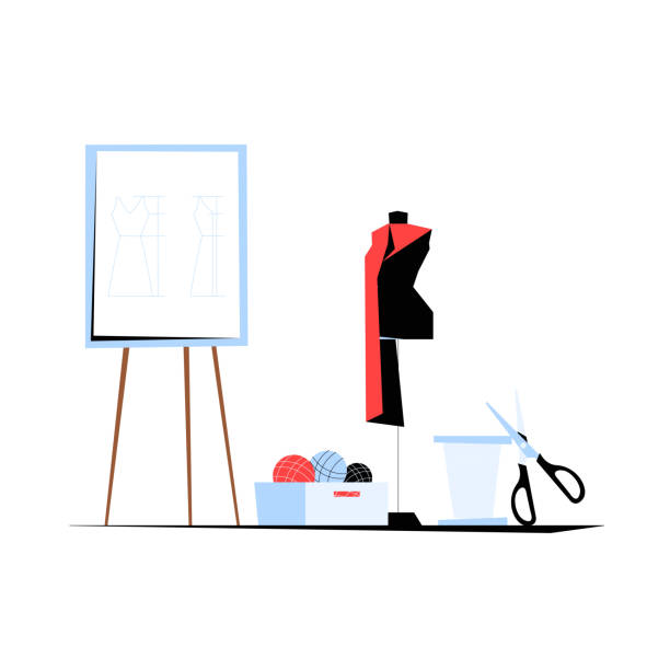 ilustrații de stoc cu spațiu de lucru pentru designer de modă cu formă de rochie, instrumente de cusut și schițe în ilustrație vectorială plată care simbolizează creativitatea, croitoria și designul vestimentar, izolat pe fundal alb - creator de modă