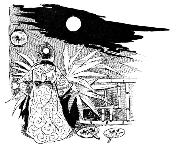 A Japanese man standing on a terrace gazing at the moon in the night sky. Vintage etching circa 19th century.