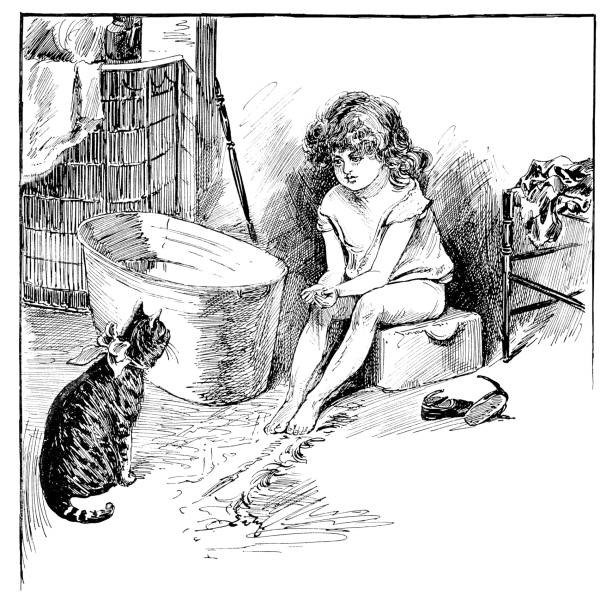 A little girl is offering a cat some water to drink in her cupped hands. Vintage etching circa 19th century.
