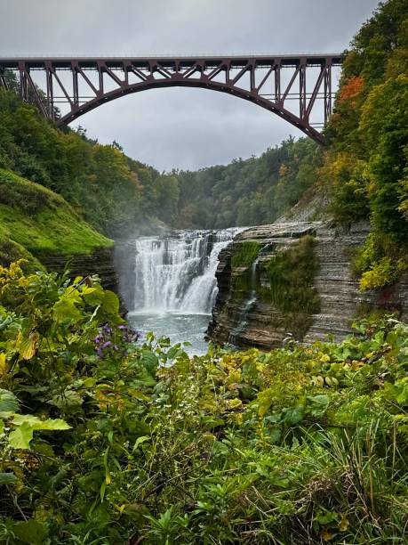 istock Waterfall Framed by Steel Bridge and Lush Foliage (Letchworth State Park, New York, USA) 2198766167
