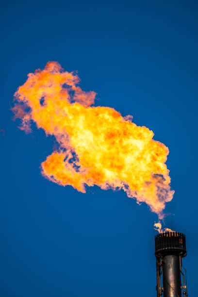 Flame burning off bi-product hydrocarbons at an oil refinery.