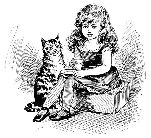 A little girl having tea with her pet cat. Vintage etching circa 19th century.