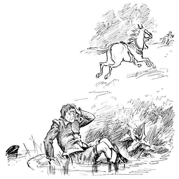 A man has been bucked off a horse and landed in a pond. Vintage etching circa 19th century.