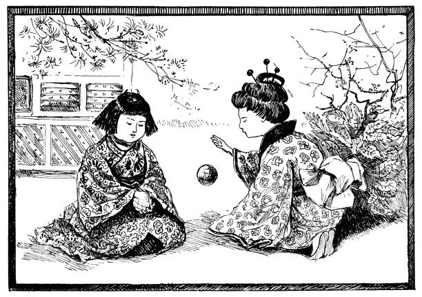 Two little Japanese girls playing with a ball. Vintage etching circa 19th century.