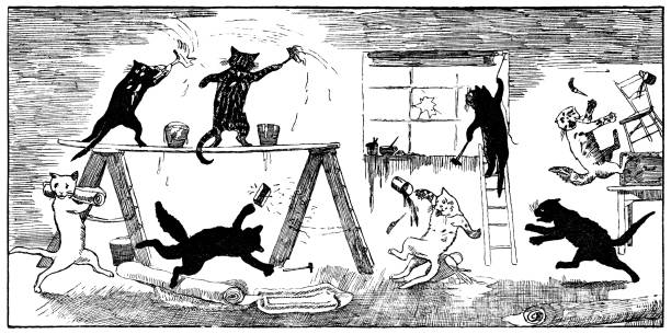 A group of anthropomorphic cats painting a room. Vintage etching circa 19th century.