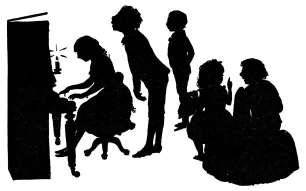 Silhouette of a family playing music and signing together. Vintage etching circa 19th century.