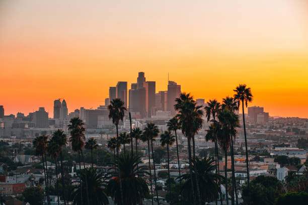 Downtown Los Angeles skyscrapers at sunset.