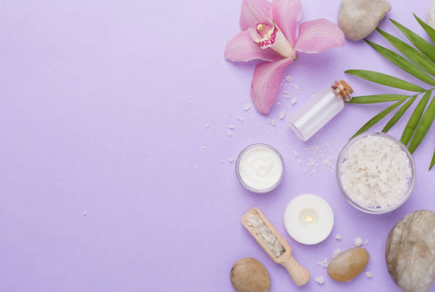 istock Composition with orchids, spa products on color background, top view 2198782729