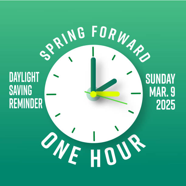 Daylight Saving Time Ends Spring Forward March web banner design template with clock and calendar date set clocks forward one hour Vector illustration of a Daylight Saving Time Ends Spring Forward March web banner design template with clock and calendar date set clocks forward one hour. Fully editable vector eps and high resolution jpg. All fonts outlined. clock-hands stock illustrations