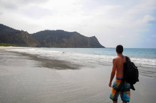 A person stands on a serene beach, looking out at the ocean and distant hills. The scene captures a peaceful moment of contemplation in a natural coastal setting.