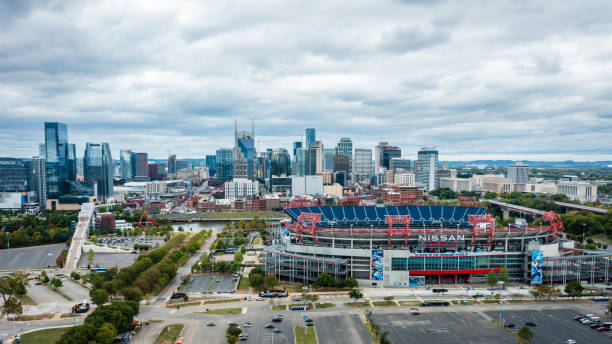 October 13, 2023, Nashville, TN: Aerial view of Nissan football stadium with downtown Nashville, Tennessee in the background