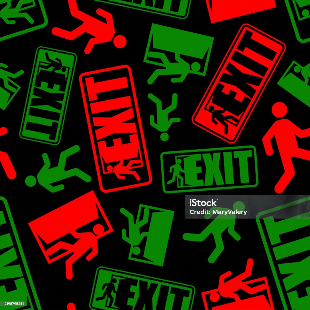 Exiting Background Exit Sign Evacuation Pattern Seamless Man Exiting Door Symbol ...
