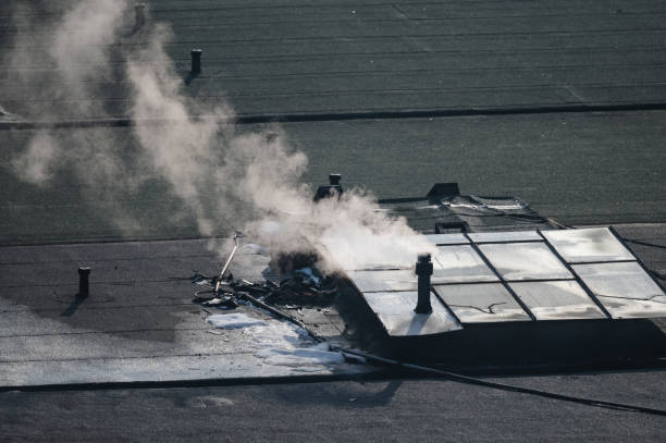 A rooftop industrial structure emits smoke, indicating ongoing activity or heating processes. The scene captures the contrast between the modern urban environment and the industrial elements in a quiet setting.