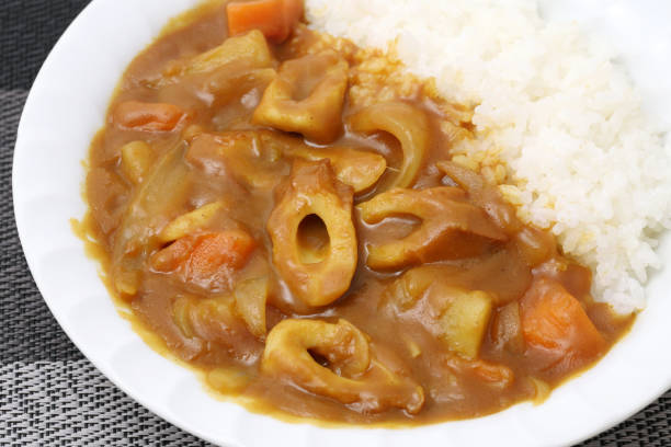 Close up of Japanese curry rice with chikuwa on table background