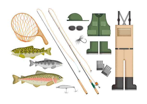 Mountain stream fishing icon illustration set