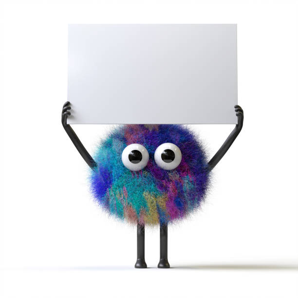 Fluffy, cute monster holds a blank sign, symbolizes information and advertising display. 3D rendering, conceptual image. Isolated on white background.