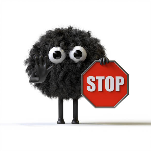Fluffy, cute monster holding a stop sign, symbolizing caution or halting. 3D rendering, conceptual image. Isolated on white background.