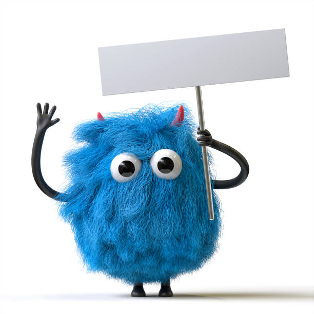 istock Fluffy, cute monster holds a blank sign. 2198805584