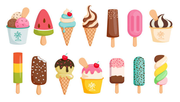 Ice cream popsicle drawing clipart set. Popsicle icon and ice cream cartoon clip art tropical graphic elements in strawberry, watermelon and chocolate vector illustration.