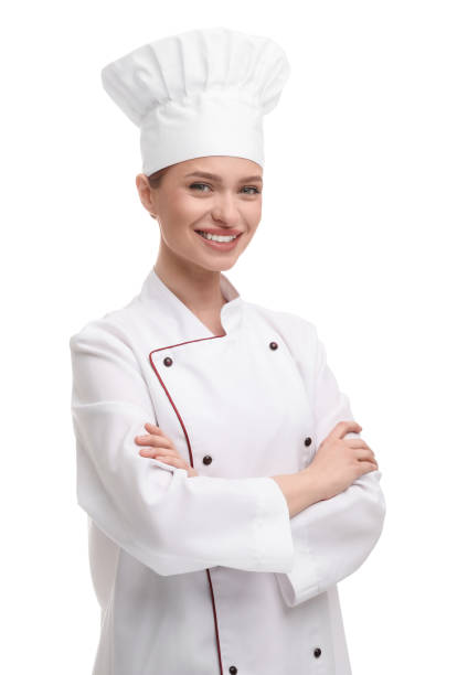 istock Happy woman chef in uniform on white background 2198807731