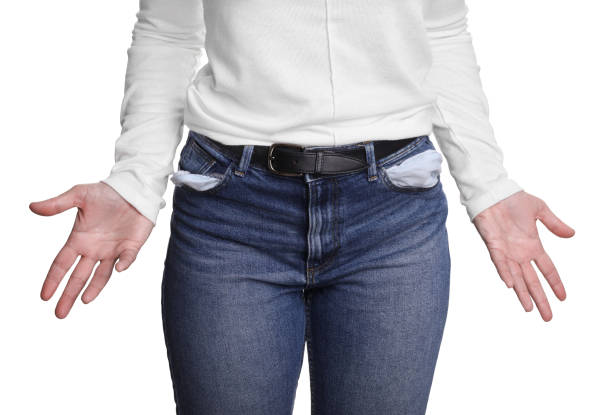 istock Poor woman showing empty pockets on white background, closeup 2198808217
