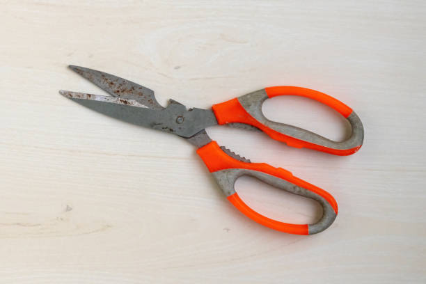 istock Old, rusty scissors with an orange handle rested on the wooden background. Top view. 2198810355