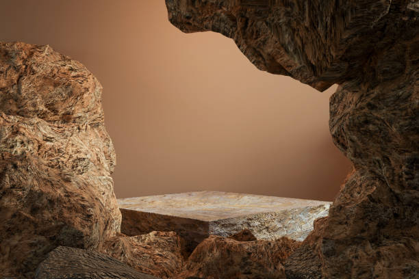 Rock podium display for packaging presentation on brown mocha mousse wall- 3D rendering