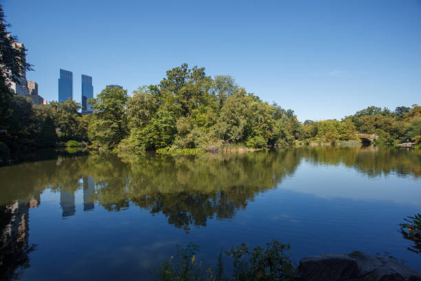 Pond lake in Central Park, Time Warner center skyscraper towers and Gapstow bridge, Midtown Manhattan, New York City The Pond lake in Central Park, Time Warner center skyscraper towers and Gapstow bridge, Midtown Manhattan, New York City time warner center columbus circle pictures stock pictures, royalty-free photos & images