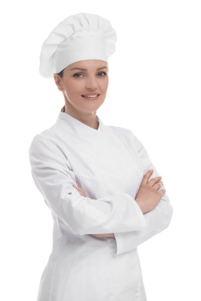 istock Happy woman chef in uniform on white background 2198812386