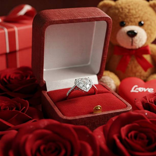 istock Diamond ring in gift box with red rose and teddy bear 2198819422