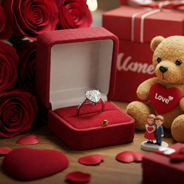 Wedding ring in red gift box with teddy bear and red roses