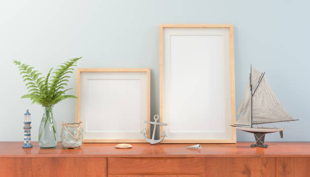 istock 3d rendering of a sideboard with two blank mock-up posters 2198821794