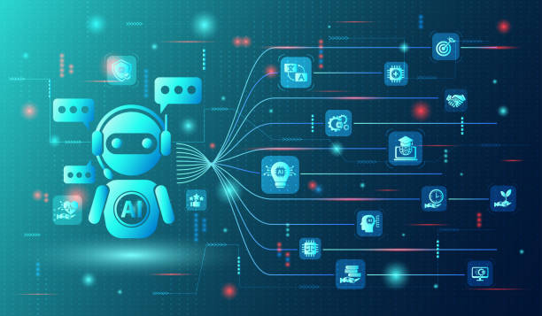 illustrazioni stock, clip art, cartoni animati e icone di tendenza di l'intelligenza artificiale genera concetto. assistente di intelligenza artificiale per la progettazione grafica, tradurre, chat bot, generare immagini, scrivere codice, pubblicità, legge, analisi dei clienti, sicurezza, assistenza sanitaria, studio, ambie - agente immobiliare