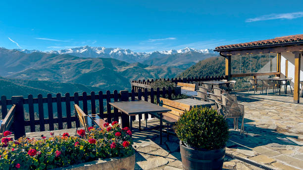 istock Mountain terrace with panoramic view of snow-capped peaks 2198827003