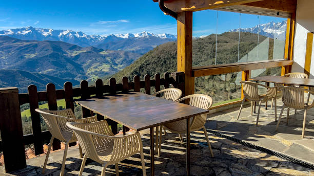 istock Mountain terrace with panoramic view of snow-capped peaks 2198827019