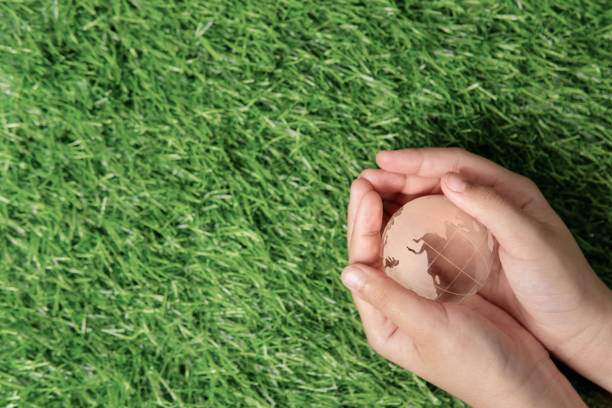 Human hand extended toward a blurred globe resting on green grass, using selective focus to emphasize the abstract concept of global responsibility, environmental fragility, and the future of the planet. Conceptual image representing sustainability, climate change awareness, environmental protection, and care for Earth, with ample copy space.