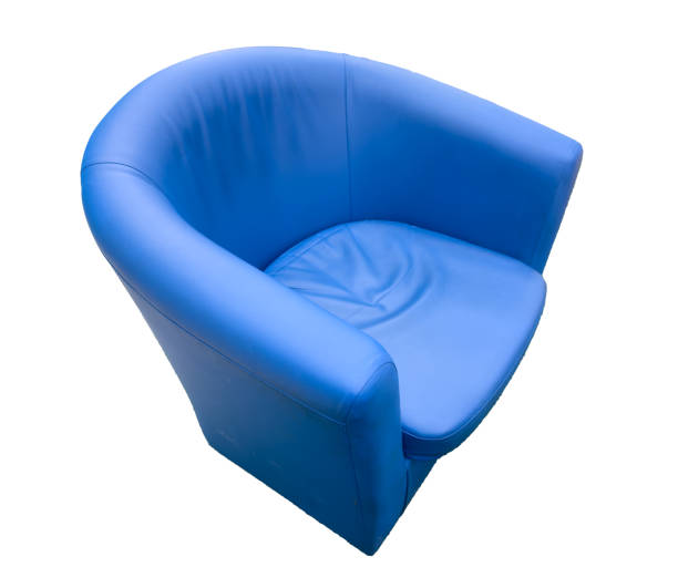 A blue chair with a leather seat. The chair is empty and sits on a white background. The chair is a modern design and has a sleek, minimalist appearance