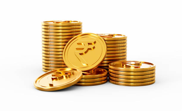 3d Stack Of Golden Indian Rupee Coins Shiny Rounded Coins Stack On White Background 3d Illustration stock photo