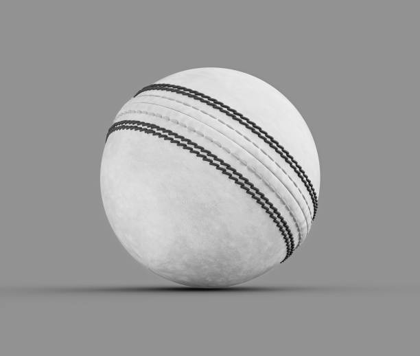 istock 3D White Leather Stitched ODI One Day International Cricket Ball On Grey Background 3D Illustration 2198834644