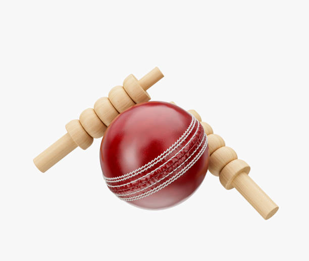 istock Shiny Red Leather Stitched Test Cricket Ball With Two Wicket Bails White Background 3D Illustration 2198834651