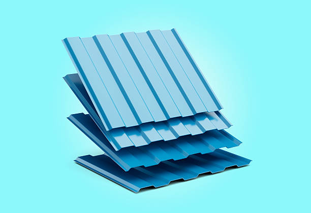 istock Shiny Blue Falling Metallic Stacks Of Corrugated Galvanised Iron For Roof Sheets 3d Illustration 2198835078