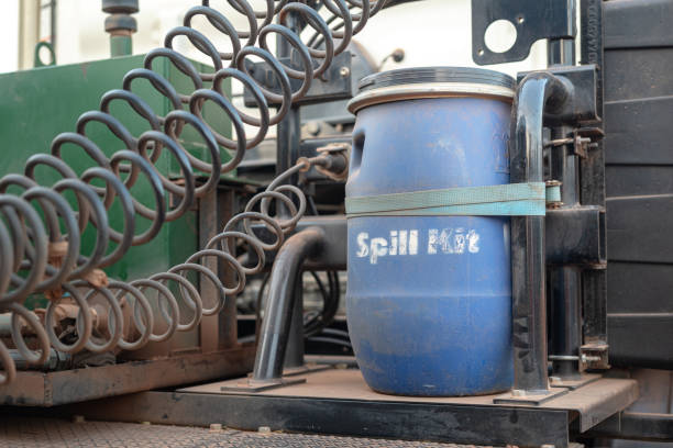 A chemical spill kit containment that prepared on logistic truck, an emergency equipment for accident situation. Industrial safety equipment object, close-up.