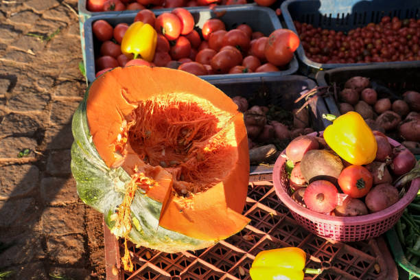 A halved pumpkin is displayed on a market stall surrounded by various vegetables including tomatoes, yellow bell peppers, onions, and potatoes, all bathed in sunlight.