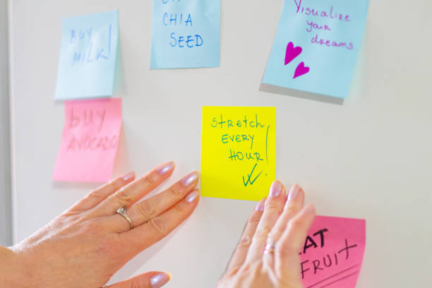 istock Woman planning her day using sticky notes on the fridge. Reminder notes helping her to be more productive and positive all day. 2198837018