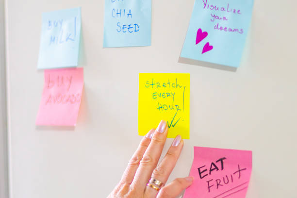 istock Woman planning her day using sticky notes on the fridge. Reminder notes helping her to be more productive and positive all day. 2198837045