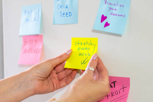 istock Woman planning her day using sticky notes on the fridge. Reminder notes helping her to be more productive and positive all day. 2198837127